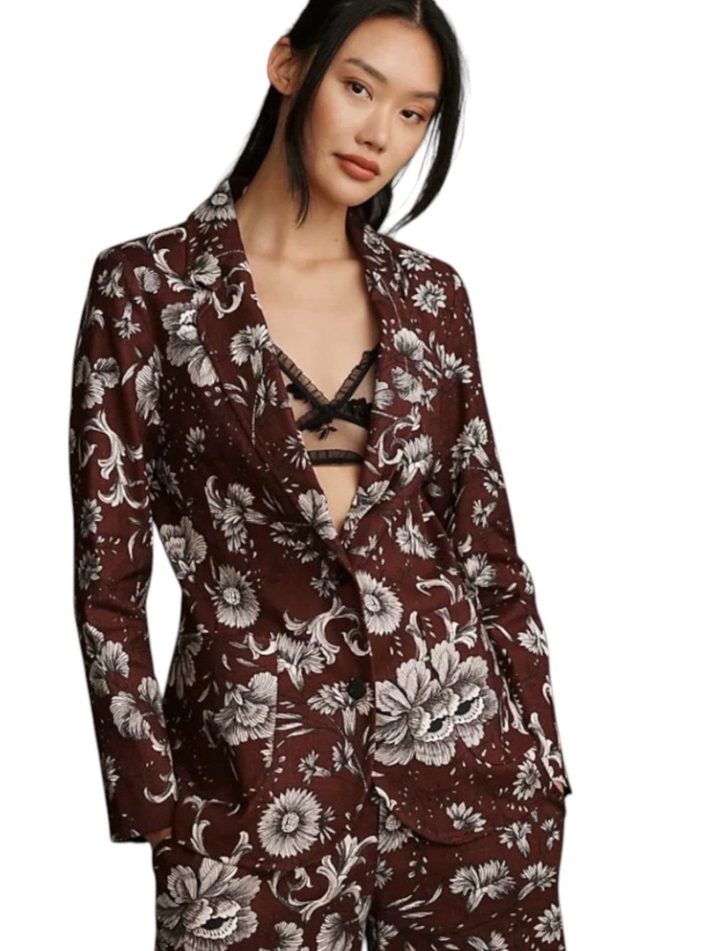 Anthropologie Burgundy Floral Printed Linen Blazer (4)